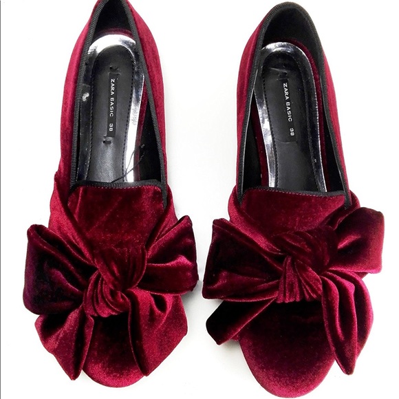 NWOT Zara Burgundy Red Velvet Loafers with Bow - Picture 6 of 7
